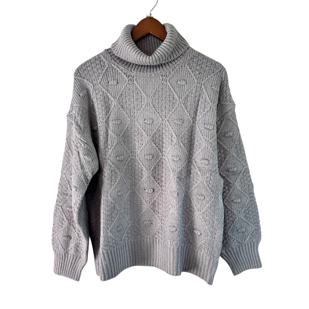 Time and Tru Turtleneck Sweater Diamond Knit Pullover Warm Cozy Gray‎ L